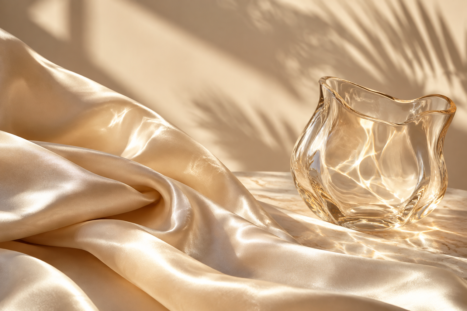 Soft ivory fabric and glass in warm sunlight